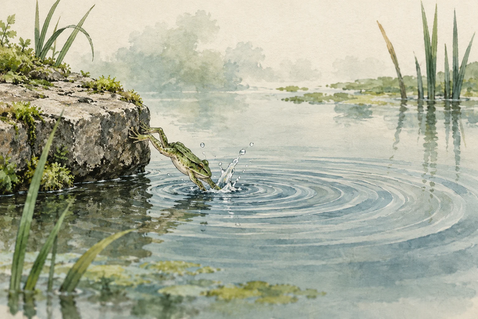 Watercolour illustration of a frog jumping into an old pond, with ripples, stones and moss.